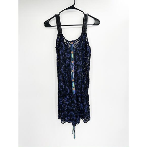 Maaji Blue Sheer Lace Button Front Lace Up Corset Back Swim Coverup Romper Sz M - Picture 2 of 9